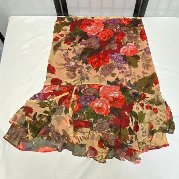 Chicos Design Sheer Lined Flamenco Ruffled Hi Low Asymmetrical Maxi Skirt Floral - Picture 8 of 13